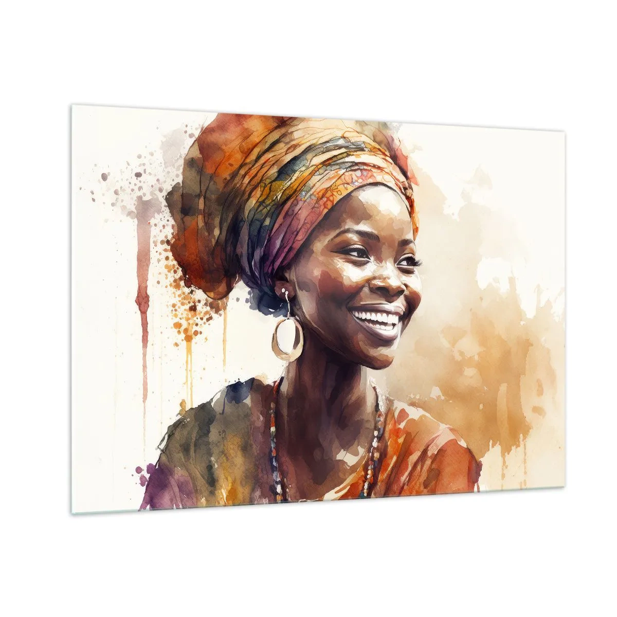 Impression sur verre - Image sur verre - Portrait à l'aquarelle d'une femme souriante portant un turban - 100x70cm - reine africaine - Décoration murale moderne pour le salon et la chambre ARTTOR