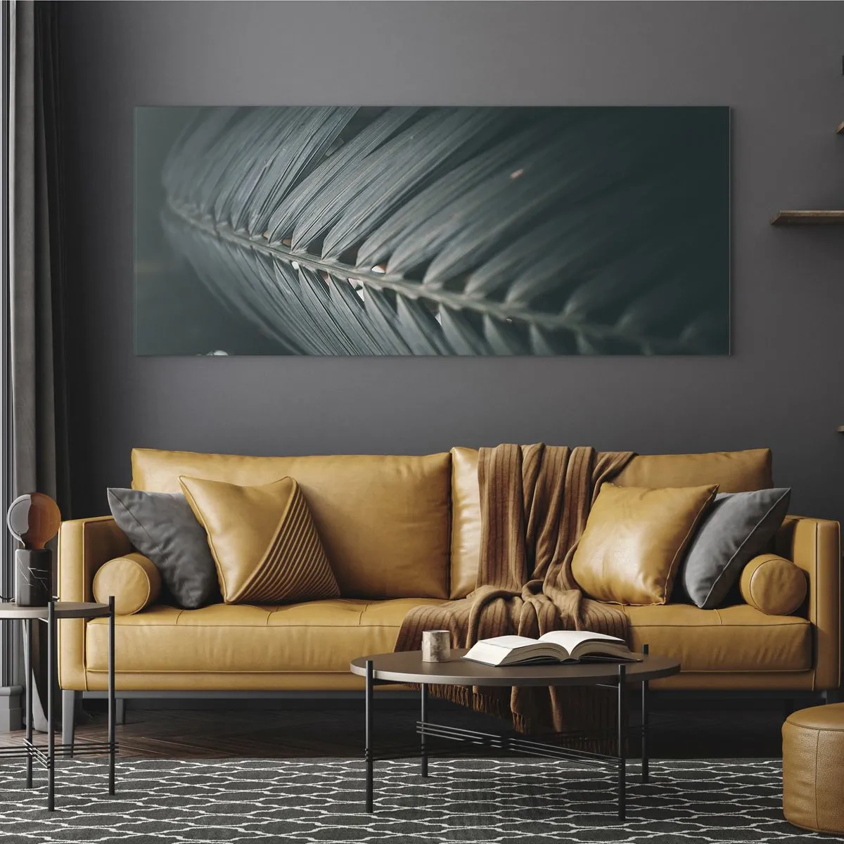Impression sur verre - Image sur verre - Gros plan d'un détail de feuille de palmier aux tons sombres - 120x50cm - Précision de la nature - Décoration murale moderne pour le salon et la chambre ARTTOR