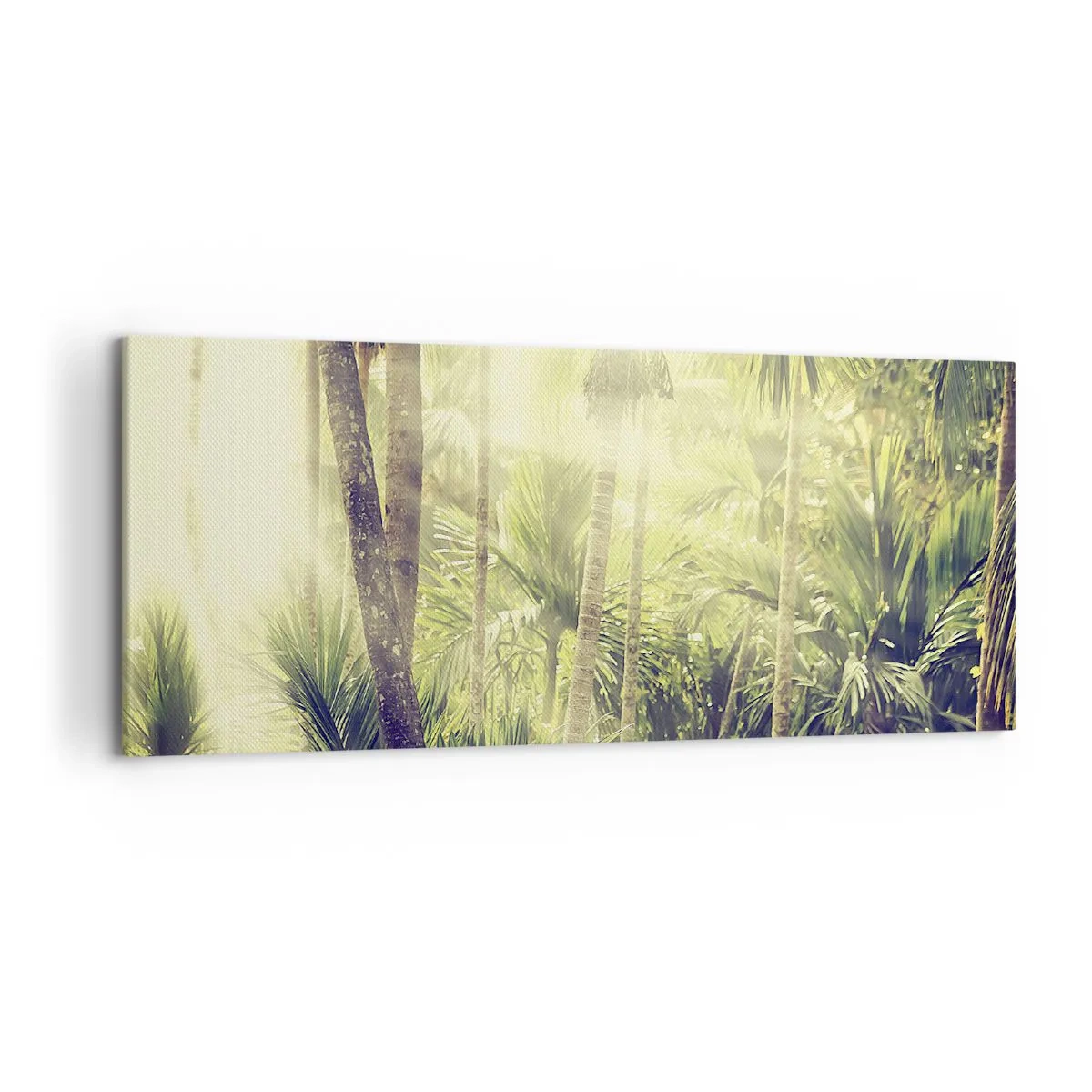 Impression sur toile - Image sur toile - Rayons de soleil dans une forêt tropicale de palmiers - 120x50cm - Nature enflammée - Décoration murale moderne pour le salon et la chambre ARTTOR