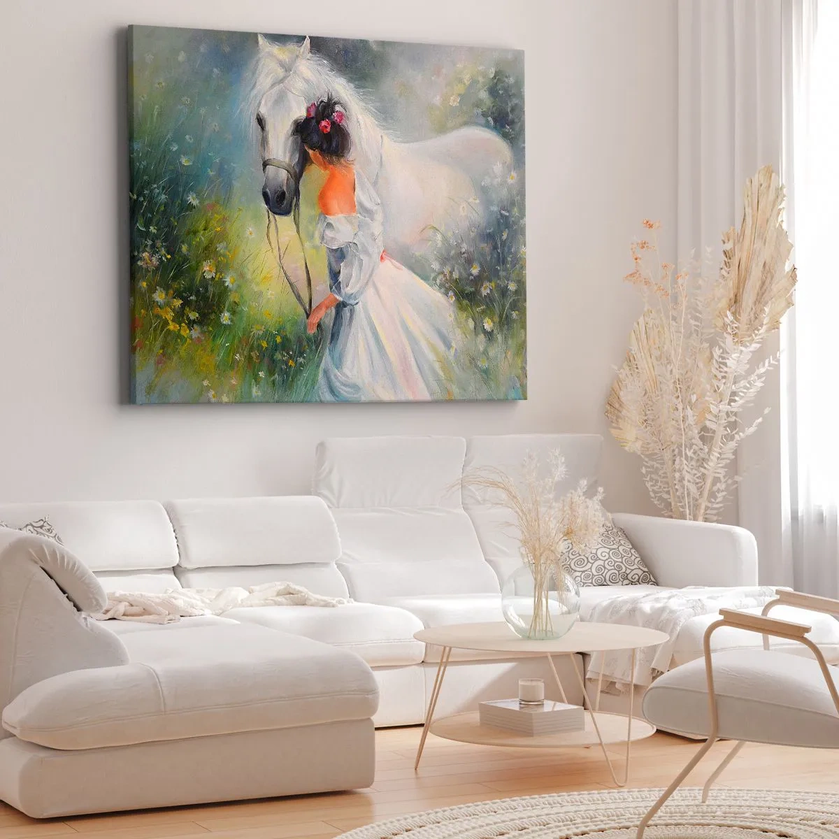 Impression sur toile - Image sur toile - Une femme avec un cheval blanc dans un cadre pittoresque - 120x80cm - Comme dans un beau rêve - Décoration murale moderne pour le salon et la chambre ARTTOR