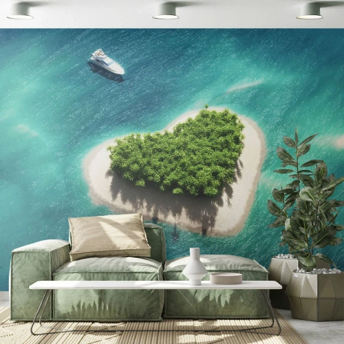 Papier Peint Photo Premium Sand - Une île tropicale en forme de cœur - 100x70cm - J'aime l'été - Décoration murale moderne pour le salon et la chambre ARTTOR