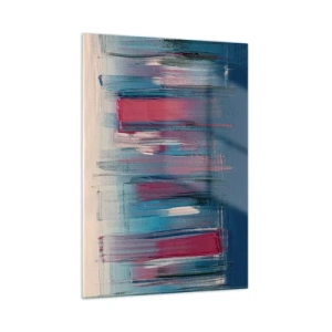 Impression sur verre - Image sur verre - Coups de pinceau verticaux en rouge et bleu sur fond beige - 50x70cm - Composition verticale en bleu et rouge - Décoration murale moderne pour le salon et la chambre ARTTOR
