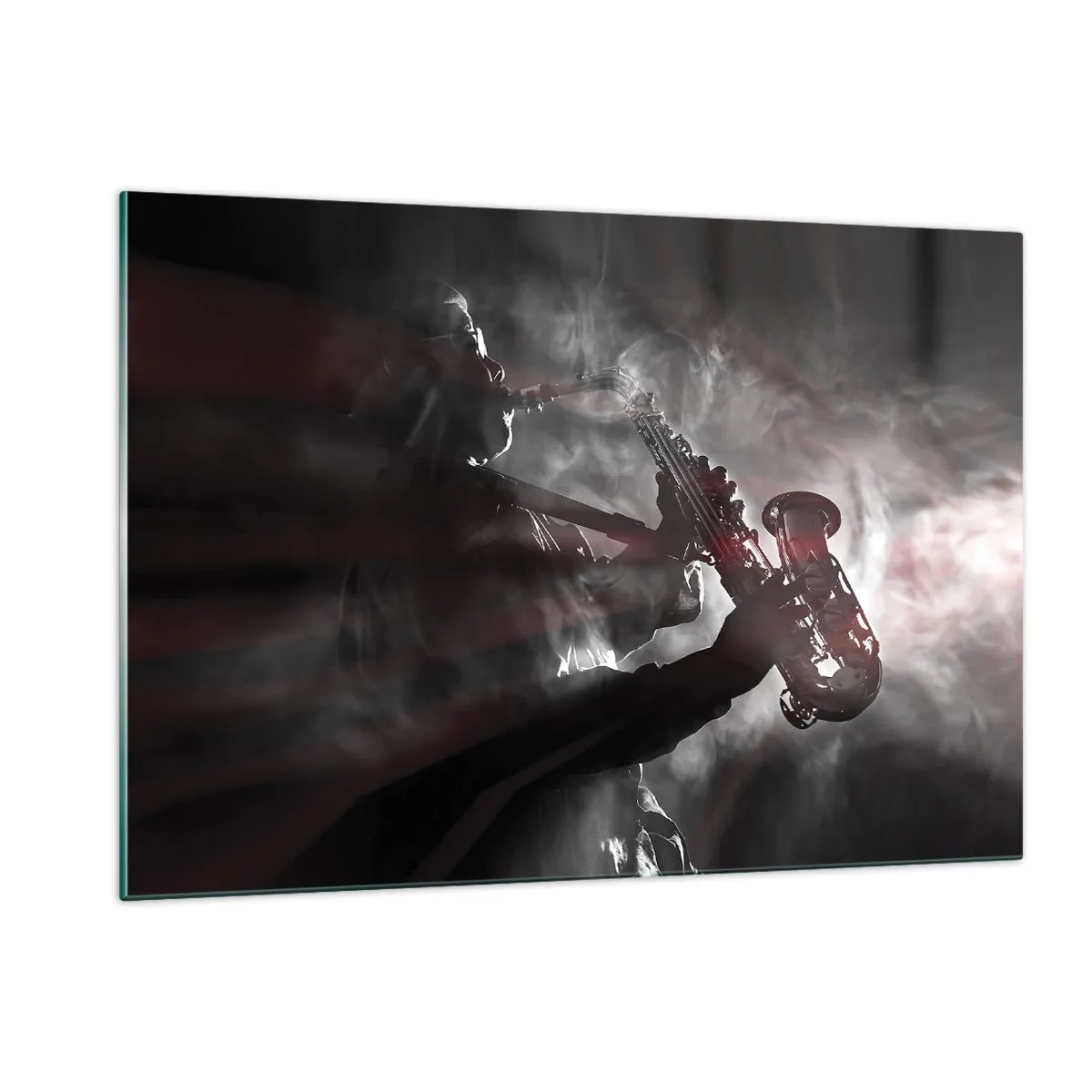 Impression sur verre - Image sur verre - Saxophoniste dans un nuage de fumée en noir et blanc - 120x80cm - Dans les brumes du jazz - Décoration murale moderne pour le salon et la chambre ARTTOR