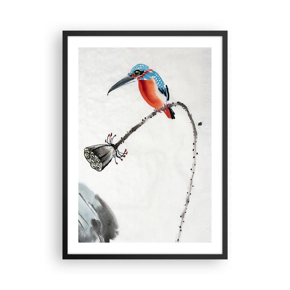 Affiche dans un cadre noir - Poster - Martin-pêcheur coloré sur une branche dans un style aquarelle - 50x70cm - La vie du champ - Décoration murale moderne pour le salon et la chambre ARTTOR