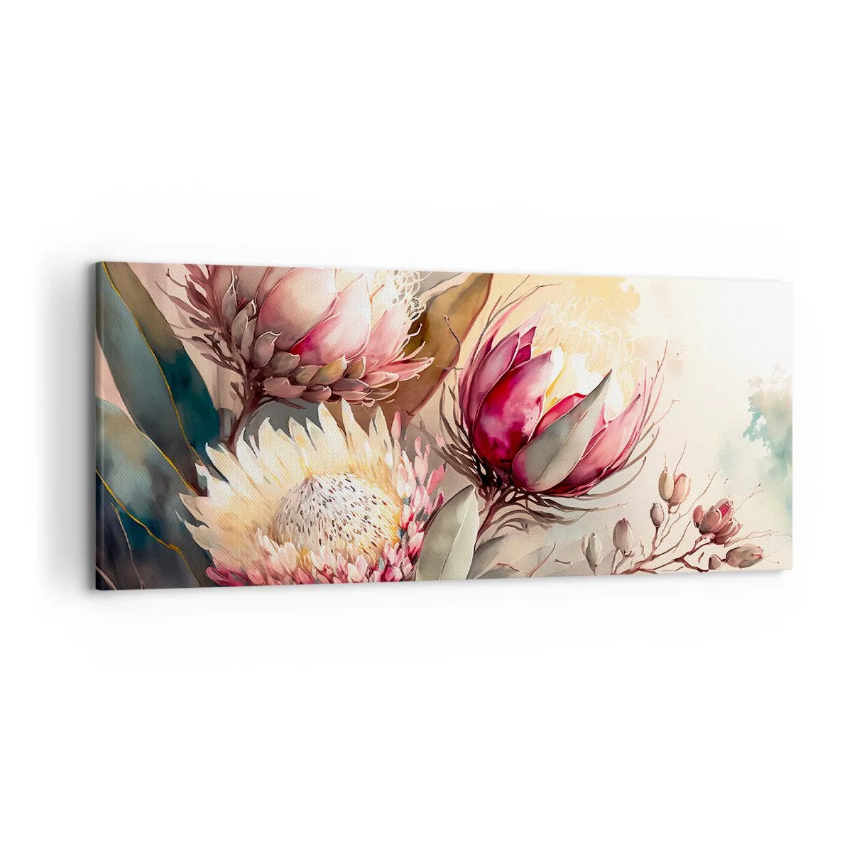 Impression sur toile - Image sur toile - Fleurs de Protea aux tons pastel délicats - 120x50cm - De profil et de face - Décoration murale moderne pour le salon et la chambre ARTTOR
