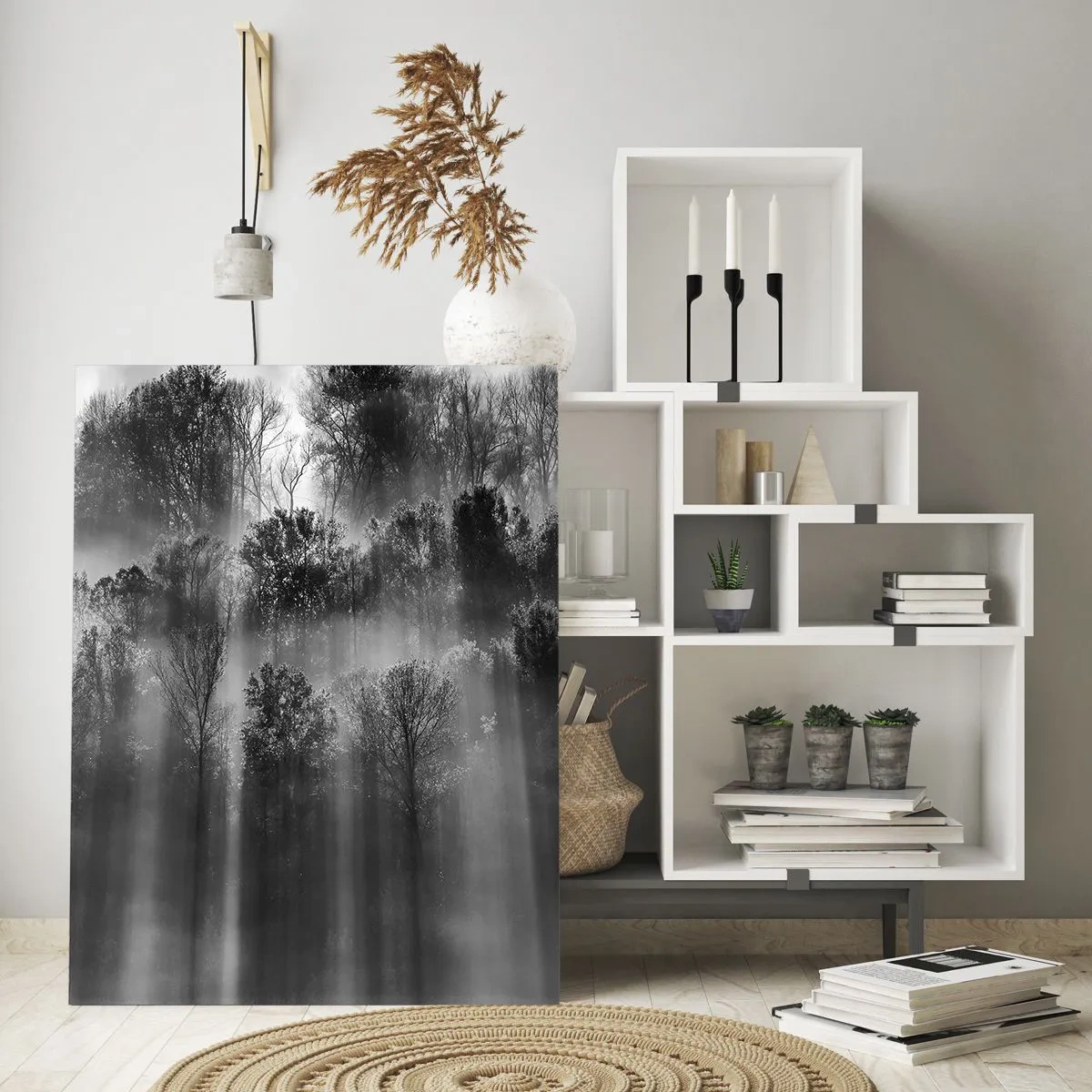 Impression sur verre - Image sur verre - Forêt noire et blanche dans la lumière du matin - 70x100cm - Dans les flots de lumière - Décoration murale moderne pour le salon et la chambre ARTTOR
