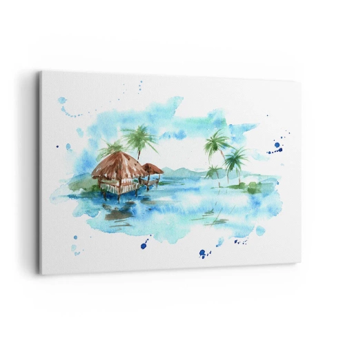 Impression sur toile - Image sur toile - Aquarelle représentant un paysage tropical avec des maisons et des palmiers - 100x70cm - Quelque part dans le Pacifique - Décoration murale moderne pour le salon et la chambre ARTTOR