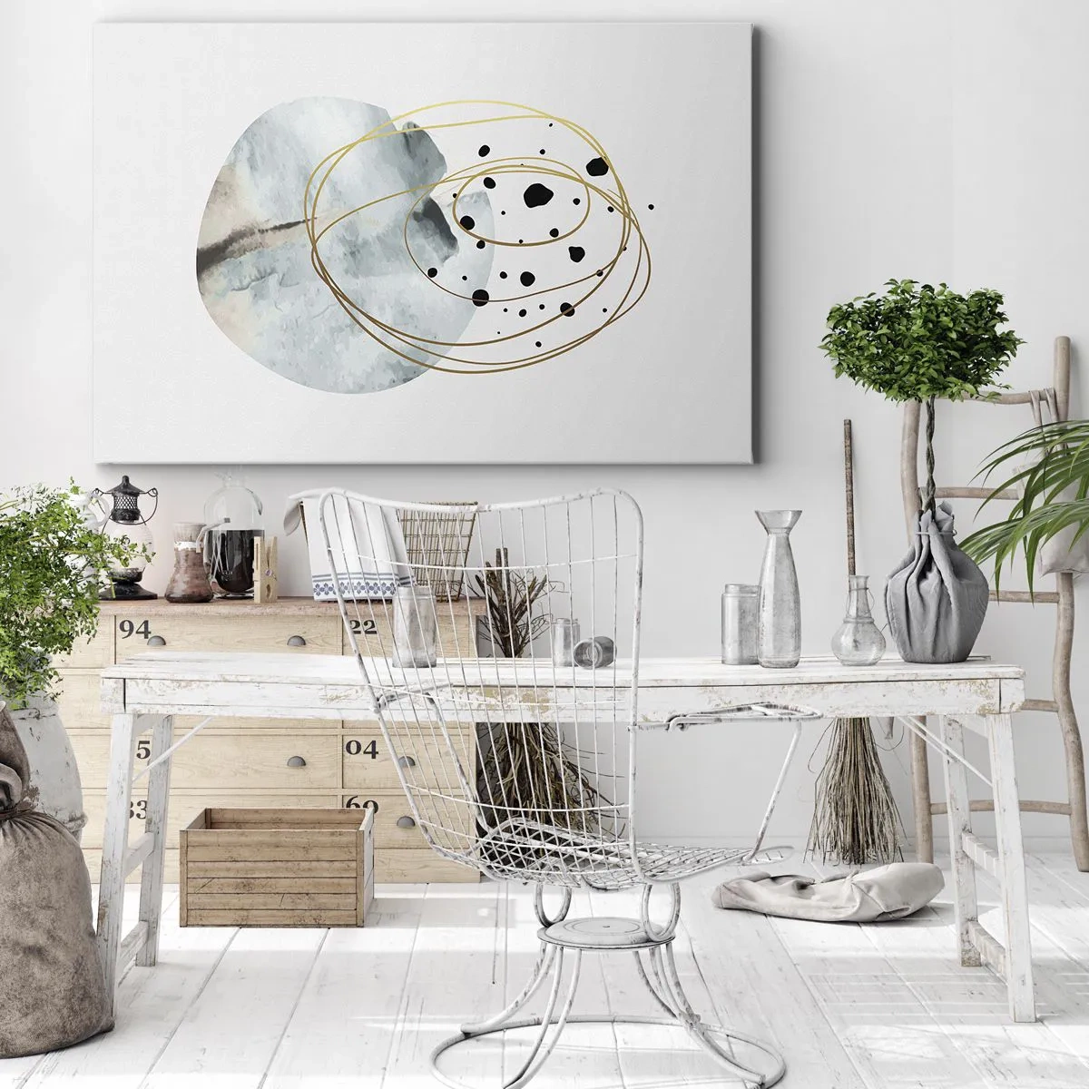 Impression sur toile - Image sur toile - Abstraction minimaliste avec un motif géométrique et des lignes dorées - 100x70cm - Emmêlement de l'espace - Décoration murale moderne pour le salon et la chambre ARTTOR