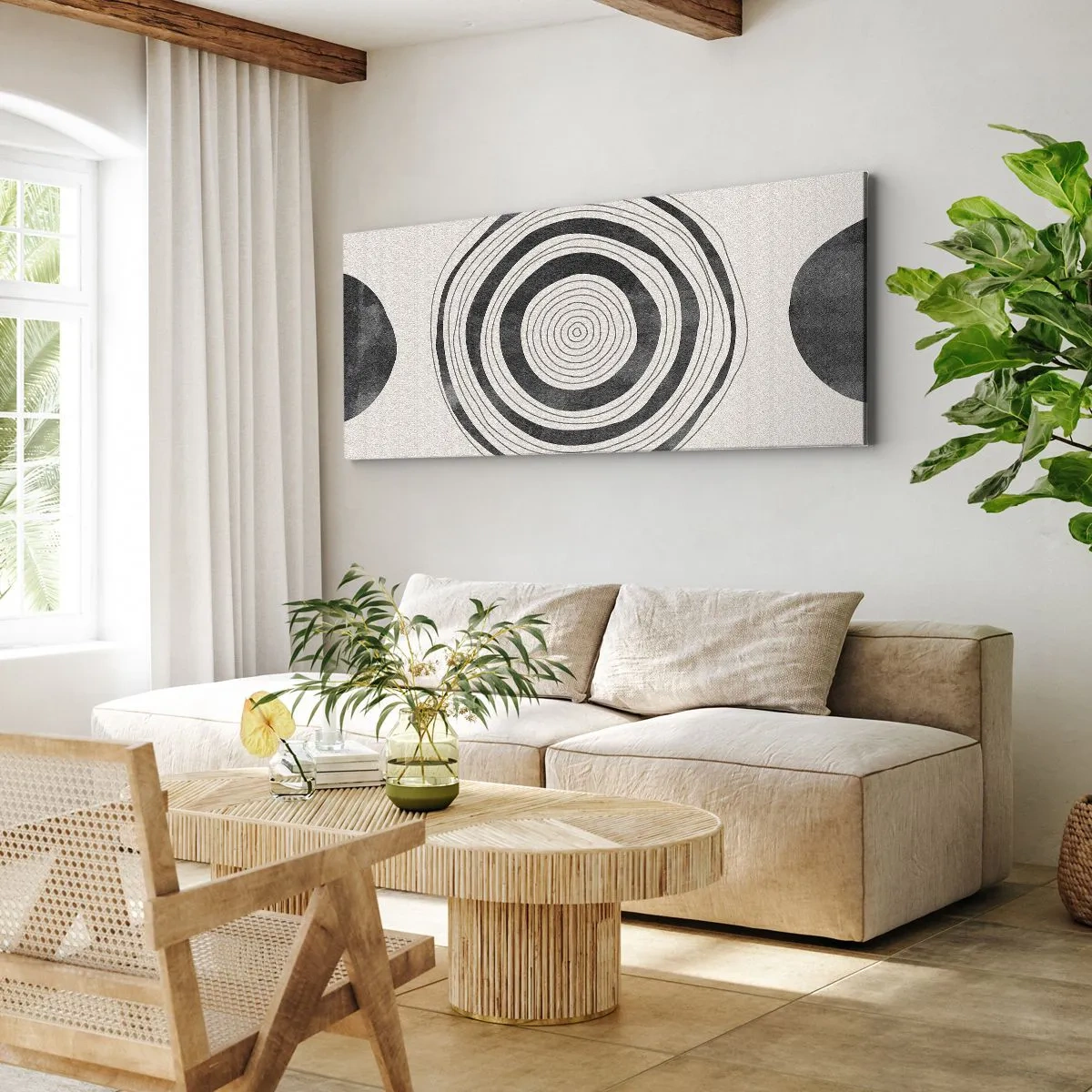 Impression sur toile - Image sur toile - Cercles minimalistes noirs et blancs sur fond clair - 160x50cm - Ce qui est important c'est ce qu'il y a entre les deux - Décoration murale moderne pour le salon et la chambre ARTTOR