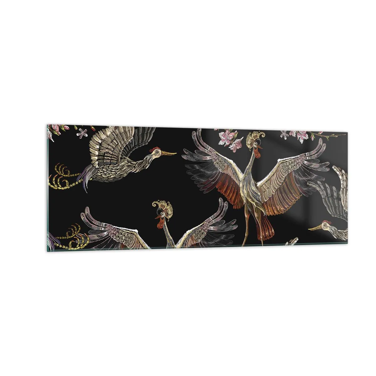 Impression sur verre - Image sur verre - Grues et fleurs élégantes sur fond noir - 140x50cm - Un oiseau de conte de fées - Décoration murale moderne pour le salon et la chambre ARTTOR