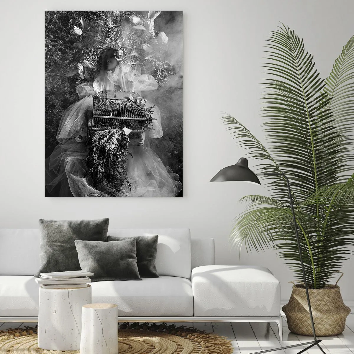 Impression sur verre - Image sur verre - Femme en robe cage en tulle et couronne de plantes en noir et blanc - 50x70cm - Tout simplement Mère Nature - Décoration murale moderne pour le salon et la chambre ARTTOR