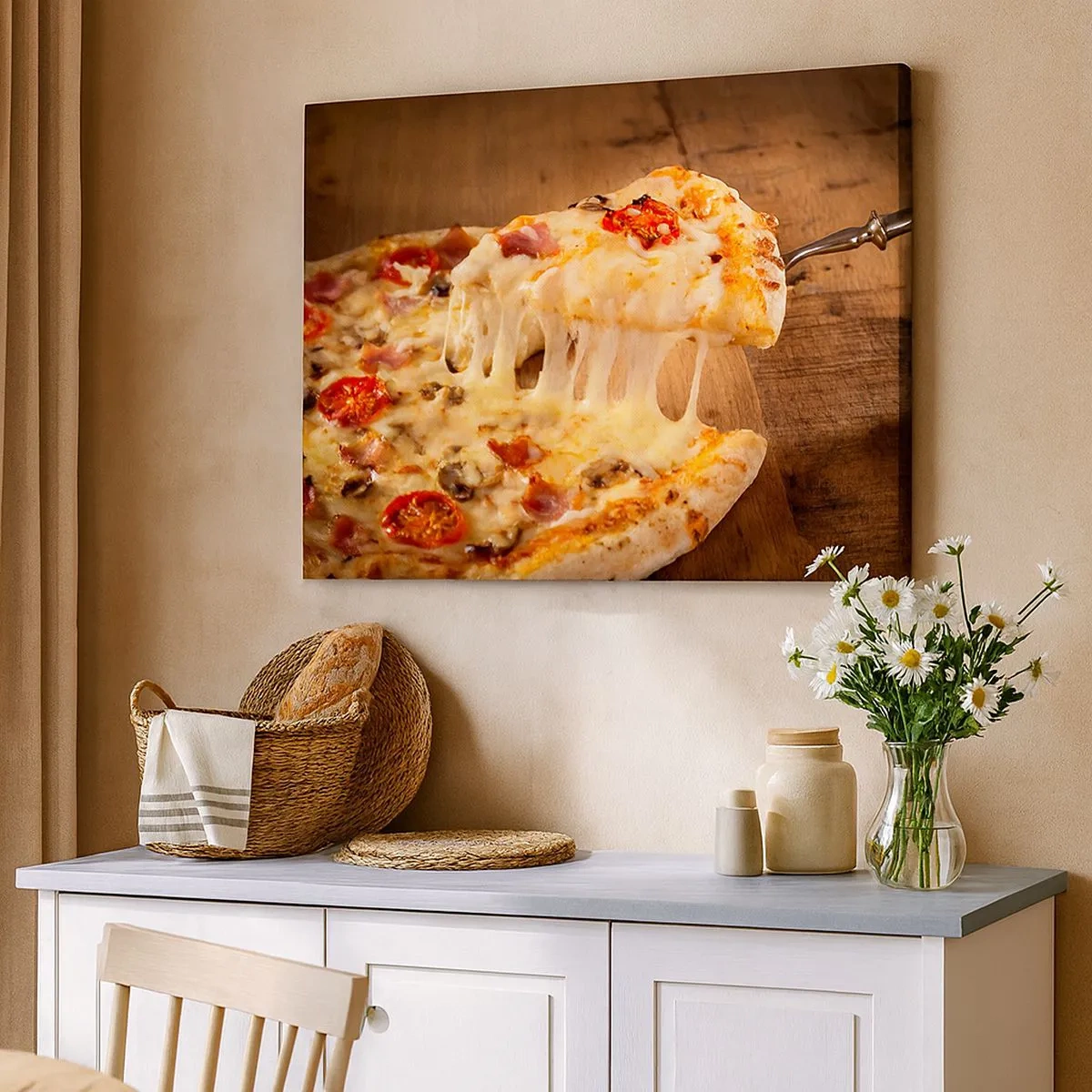 Impression sur toile - Image sur toile - Pizza au fromage filandreux - 70x50cm - Un chef-d'œuvre de l'art italien - Décoration murale moderne pour le salon et la chambre ARTTOR