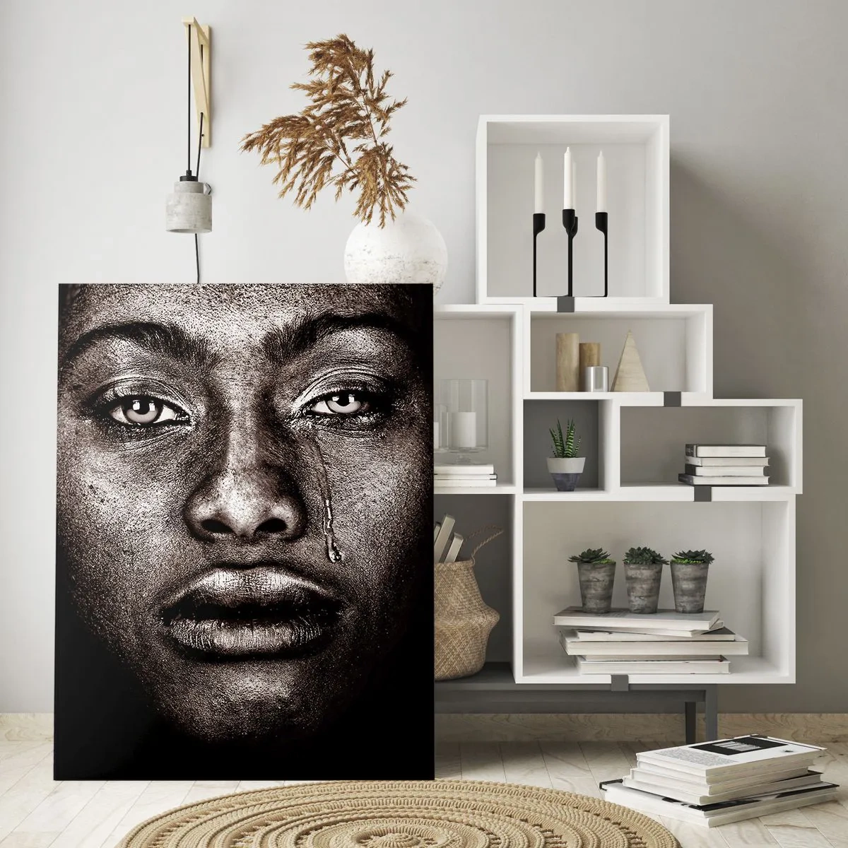 Impression sur verre - Image sur verre - Portrait d'un visage avec une seule larme sur fond noir - 80x120cm - Une larme - Décoration murale moderne pour le salon et la chambre ARTTOR