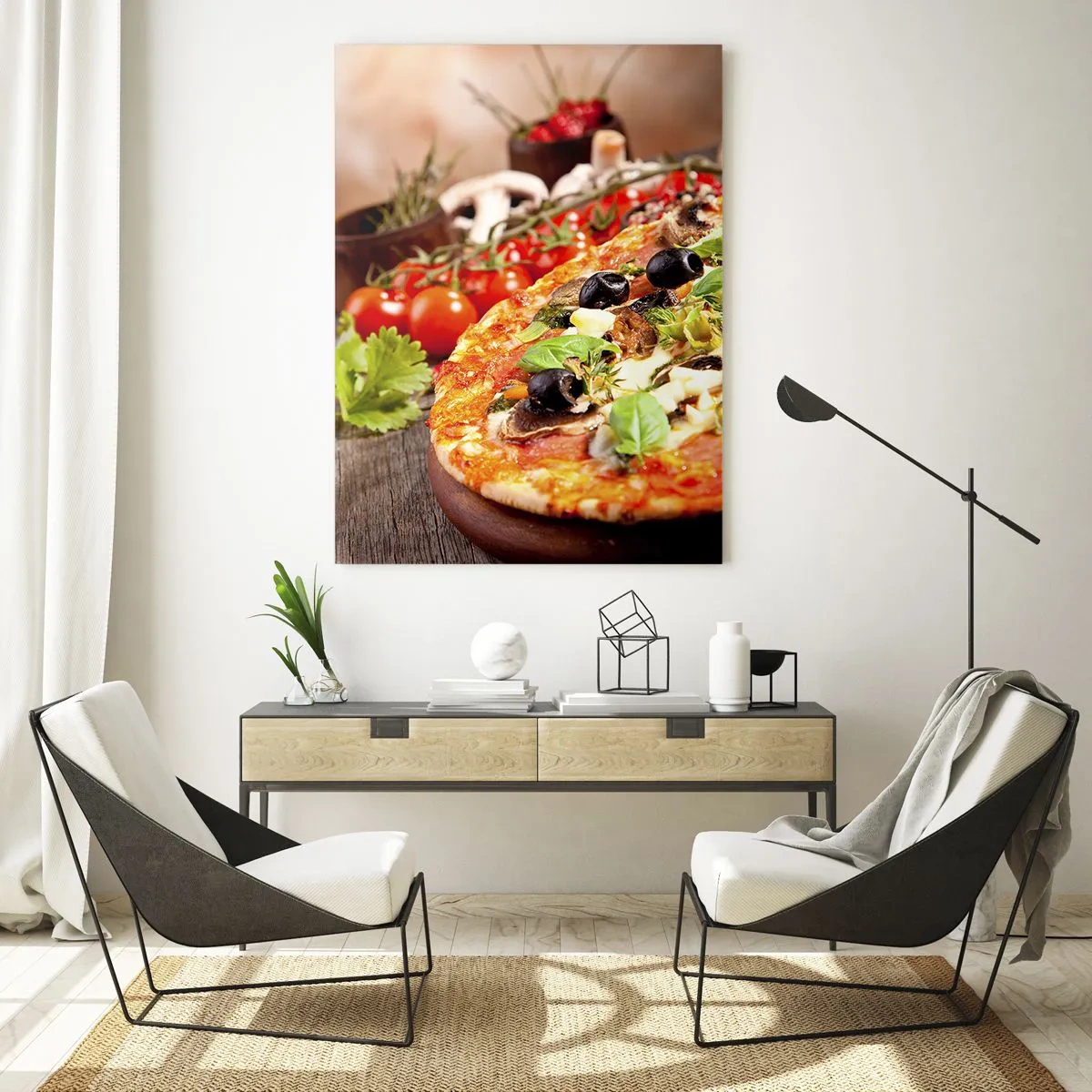 Impression sur verre - Image sur verre - Pizza aux olives, basilic et ingrédients frais sur fond de bois - 80x120cm - Des ingrédients telluriques - Décoration murale moderne pour le salon et la chambre ARTTOR