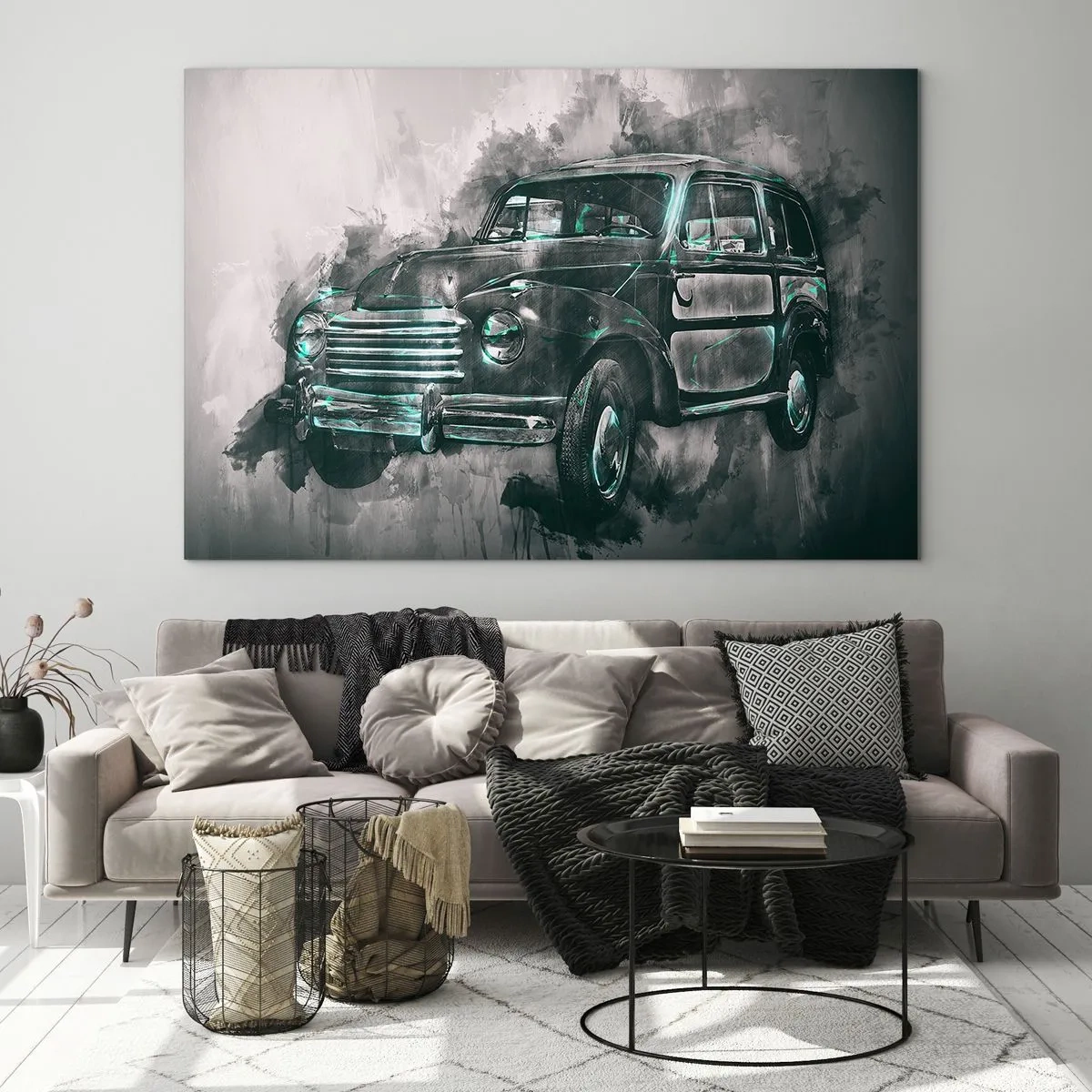 Impression sur verre - Image sur verre - Une vieille voiture aux tons gris et turquoise - 120x80cm - Ancêtre respecté - Décoration murale moderne pour le salon et la chambre ARTTOR