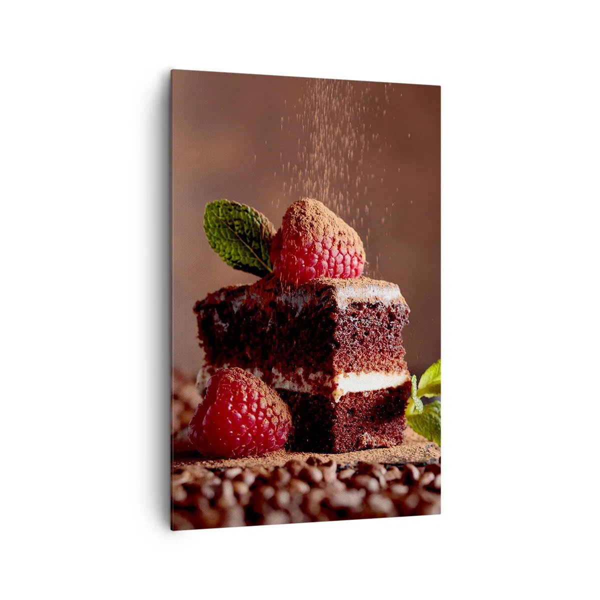 Impression sur toile - Image sur toile - Gâteau au chocolat aux framboises et à la menthe sur fond de fèves de cacao - 80x120cm - La vie est douce - Décoration murale moderne pour le salon et la chambre ARTTOR