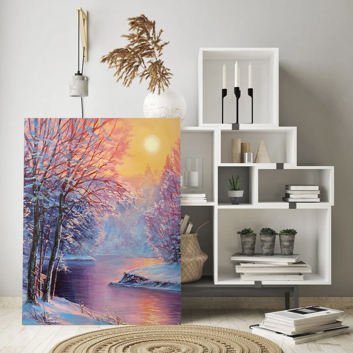Impression sur verre - Image sur verre - Paysage d'hiver avec rivière et arbres au lever du soleil - 70x100cm - Couleurs d'hiver - Décoration murale moderne pour le salon et la chambre ARTTOR
