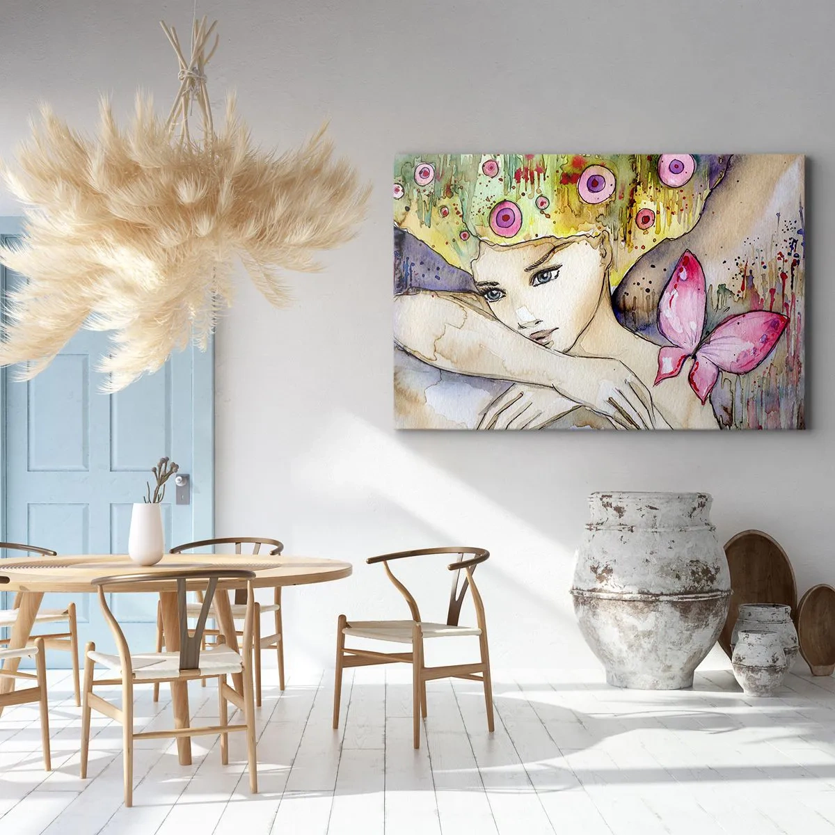 Impression sur toile - Image sur toile - Une femme avec une coiffure abstraite et un papillon rose - 100x70cm - La princesse papillon - Décoration murale moderne pour le salon et la chambre ARTTOR