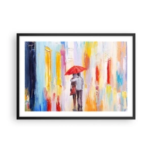 Affiche dans un cadre noir - Poster - Un couple sous un parapluie rouge avec des bâtiments colorés en arrière-plan. - 70x50cm - Qu'il pleuve encore - Décoration murale moderne pour le salon et la chambre ARTTOR