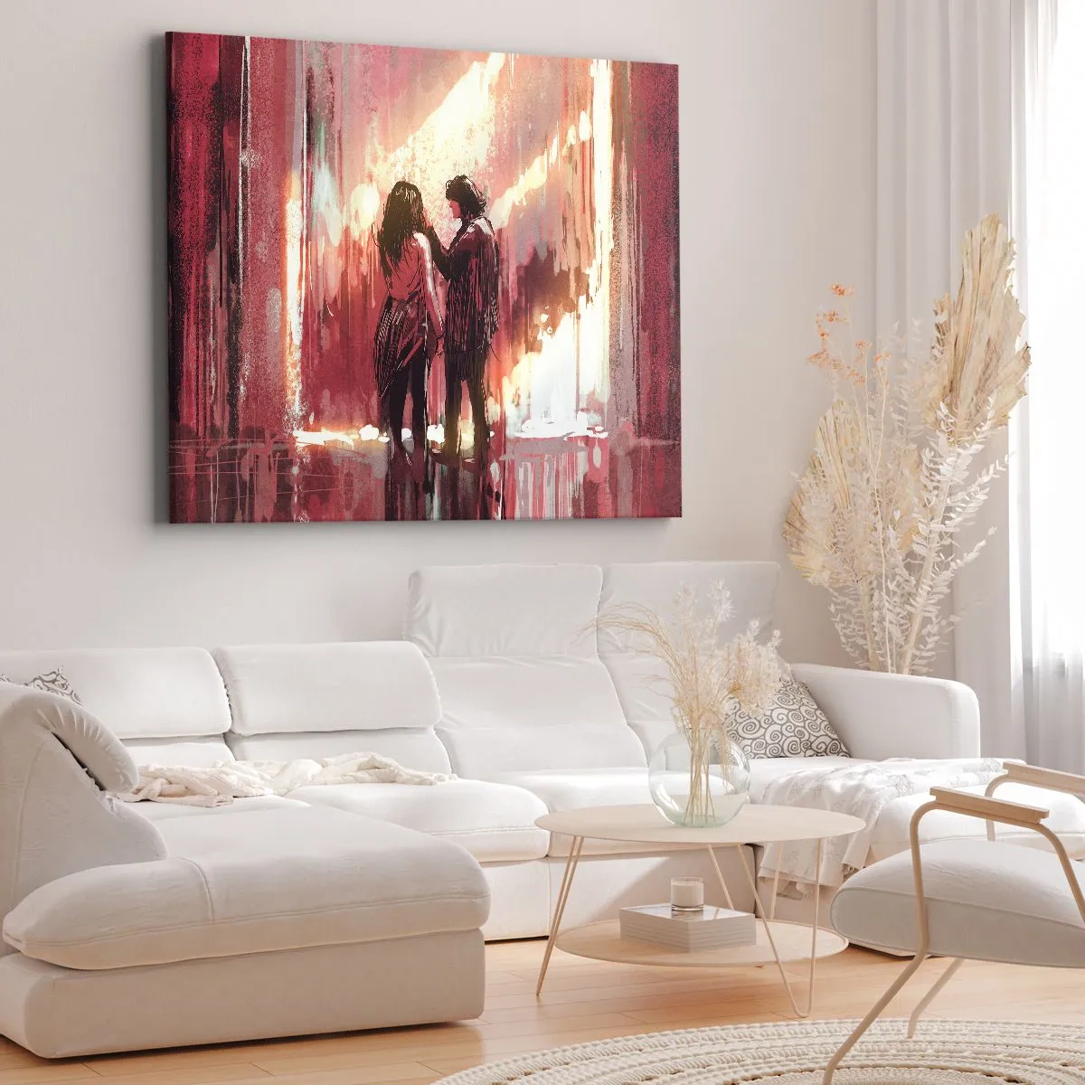 Impression sur toile - Image sur toile - Un couple debout dans une lumière chaude sur fond de motifs abstraits - 100x70cm - L'éternel spectacle de l'amour - Décoration murale moderne pour le salon et la chambre ARTTOR