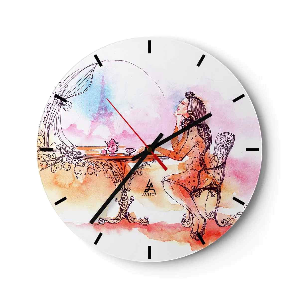 Horloge murale - Pendule murale - Une femme à une table avec vue sur la Tour Eiffel aux couleurs pastel - 30x30cm - Le chic parisien - Décoration murale moderne pour le salon, la cuisine et la chambre ARTTOR