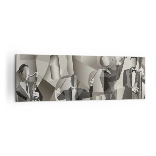 Impression sur toile - Image sur toile - Scène abstraite avec des musiciens de jazz dans des tons de gris. - 160x50cm - Dans l'espace des sons - Décoration murale moderne pour le salon et la chambre ARTTOR