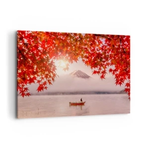 Impression sur toile - Image sur toile - Un bateau sur un lac entouré de feuilles d'érable rouges - 100x70cm - Dans le climat japonais - Décoration murale moderne pour le salon et la chambre ARTTOR