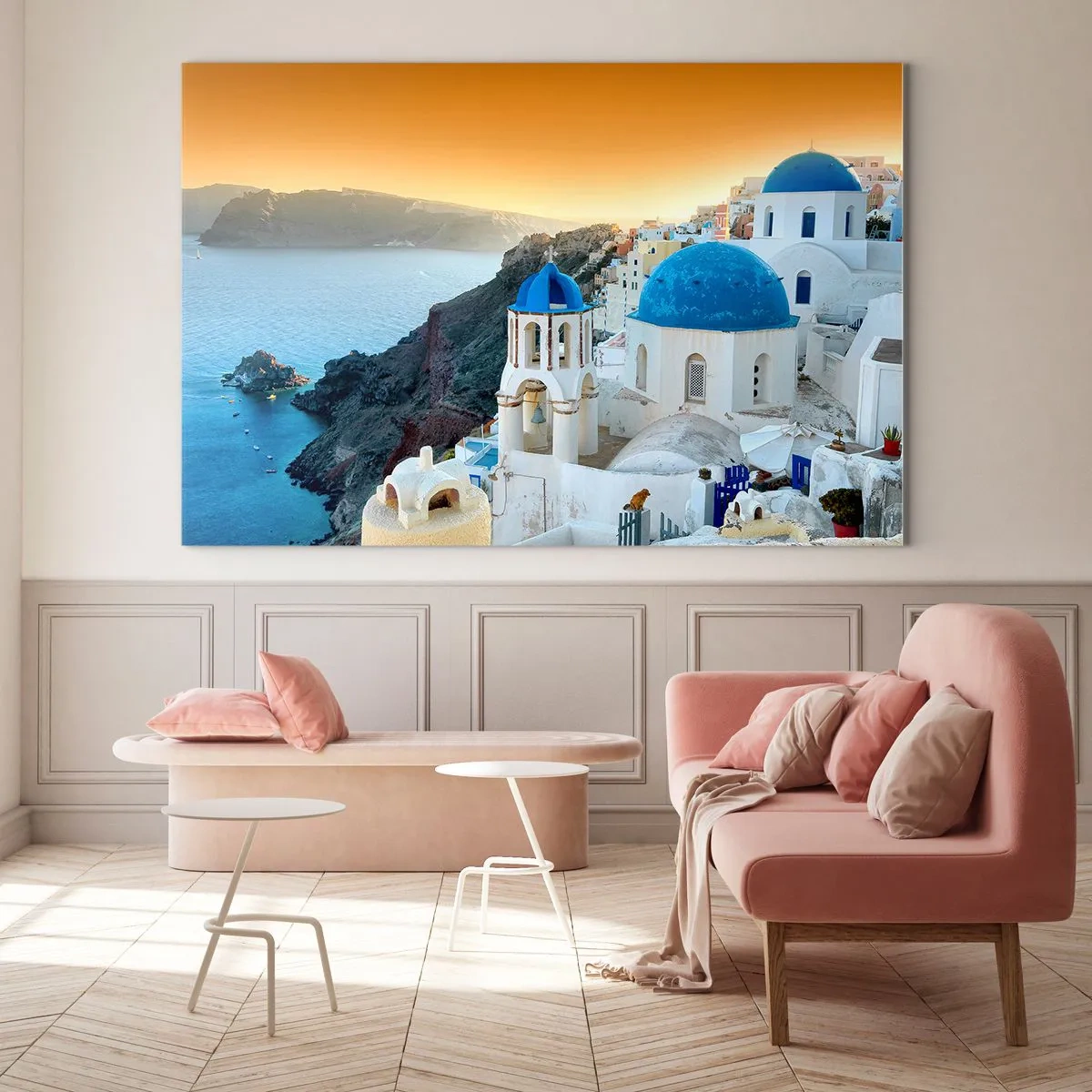 Impression sur verre - Image sur verre - Vue de Santorin avec ses dômes bleus et ses falaises - 120x80cm - Santorin - blotti contre les rochers - Décoration murale moderne pour le salon et la chambre ARTTOR