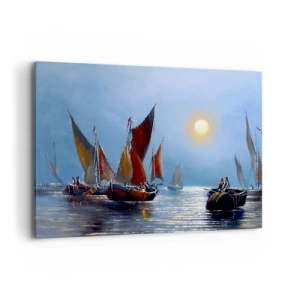 Impression sur toile - Image sur toile - Bateaux à voiles sur une eau calme au coucher du soleil - 100x70cm - Pêche de nuit - Décoration murale moderne pour le salon et la chambre ARTTOR