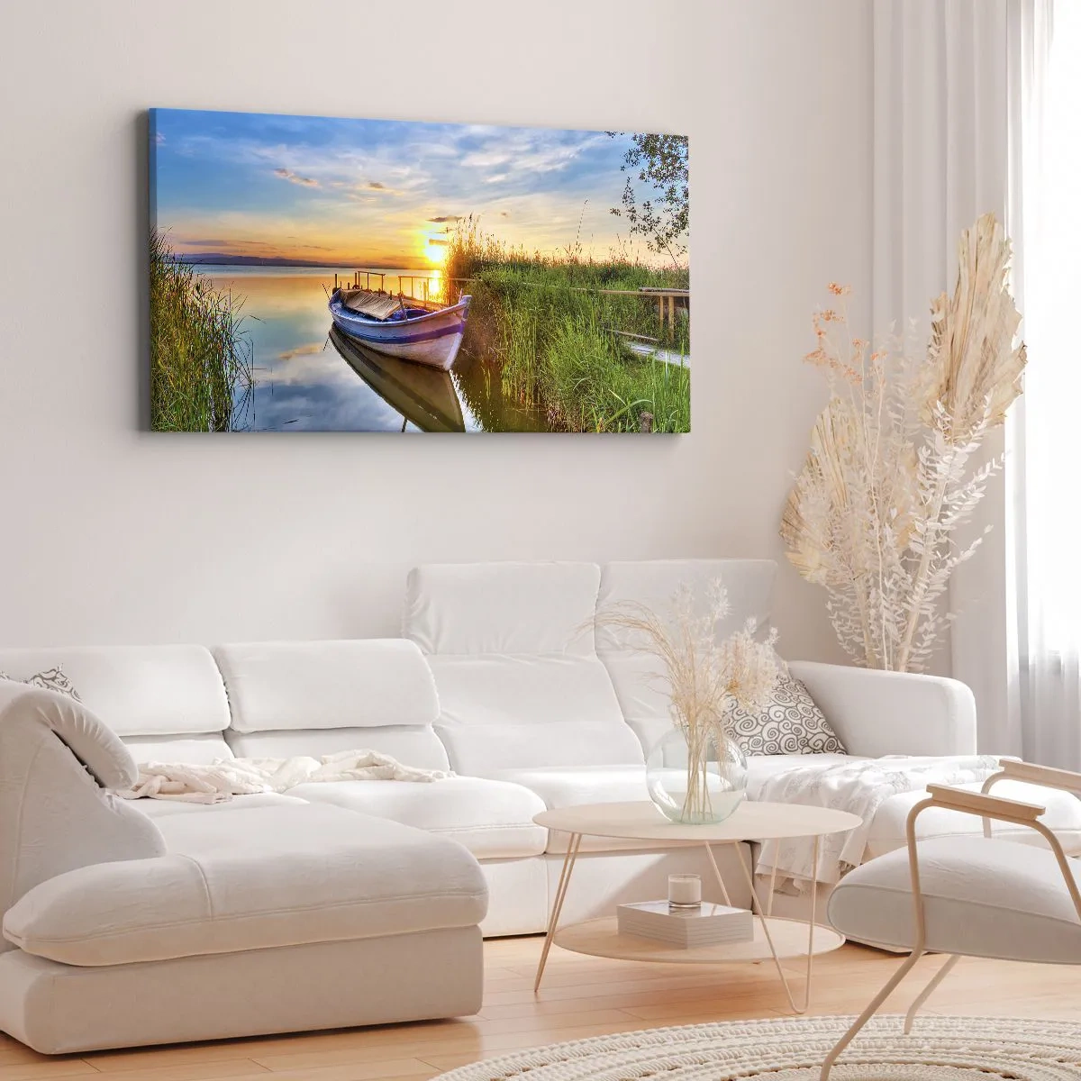 Impression sur toile - Image sur toile - Un bateau dans une baie tranquille au coucher du soleil - 120x50cm - La crique où les rêves deviennent réalité - Décoration murale moderne pour le salon et la chambre ARTTOR