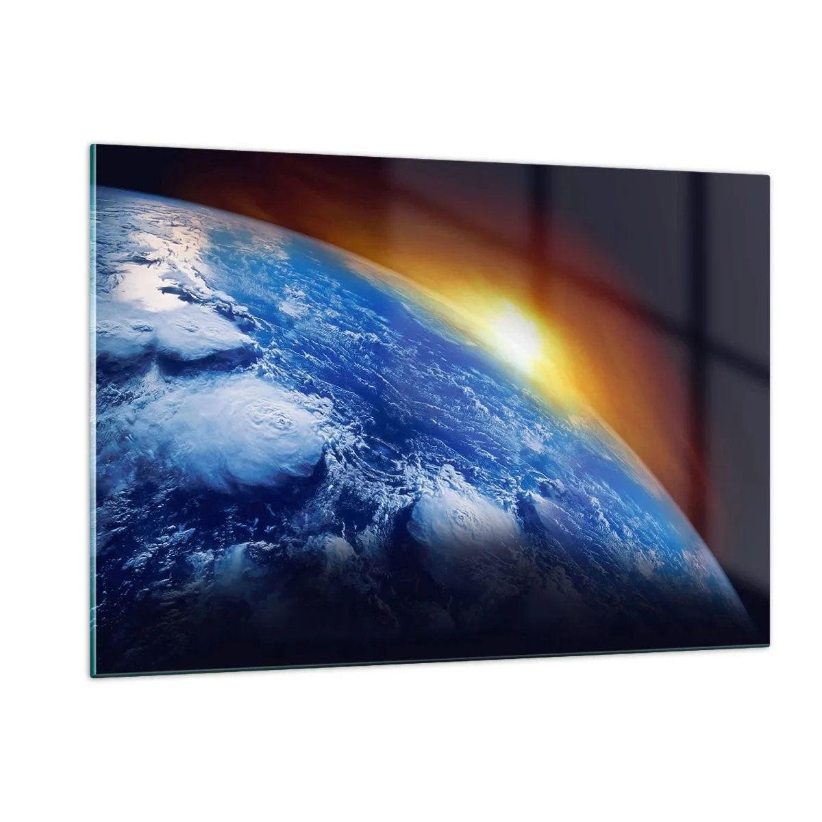 Impression sur verre - Image sur verre - La Terre dans l'espace illuminée par les rayons du soleil - 120x80cm - Lever de soleil sur la planète bleue - Décoration murale moderne pour le salon et la chambre ARTTOR