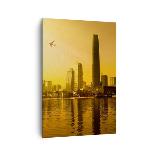 Impression sur toile - Image sur toile - Panorama de la ville au coucher du soleil avec des gratte-ciels et un avion - 70x100cm - La ville en or - Décoration murale moderne pour le salon et la chambre ARTTOR