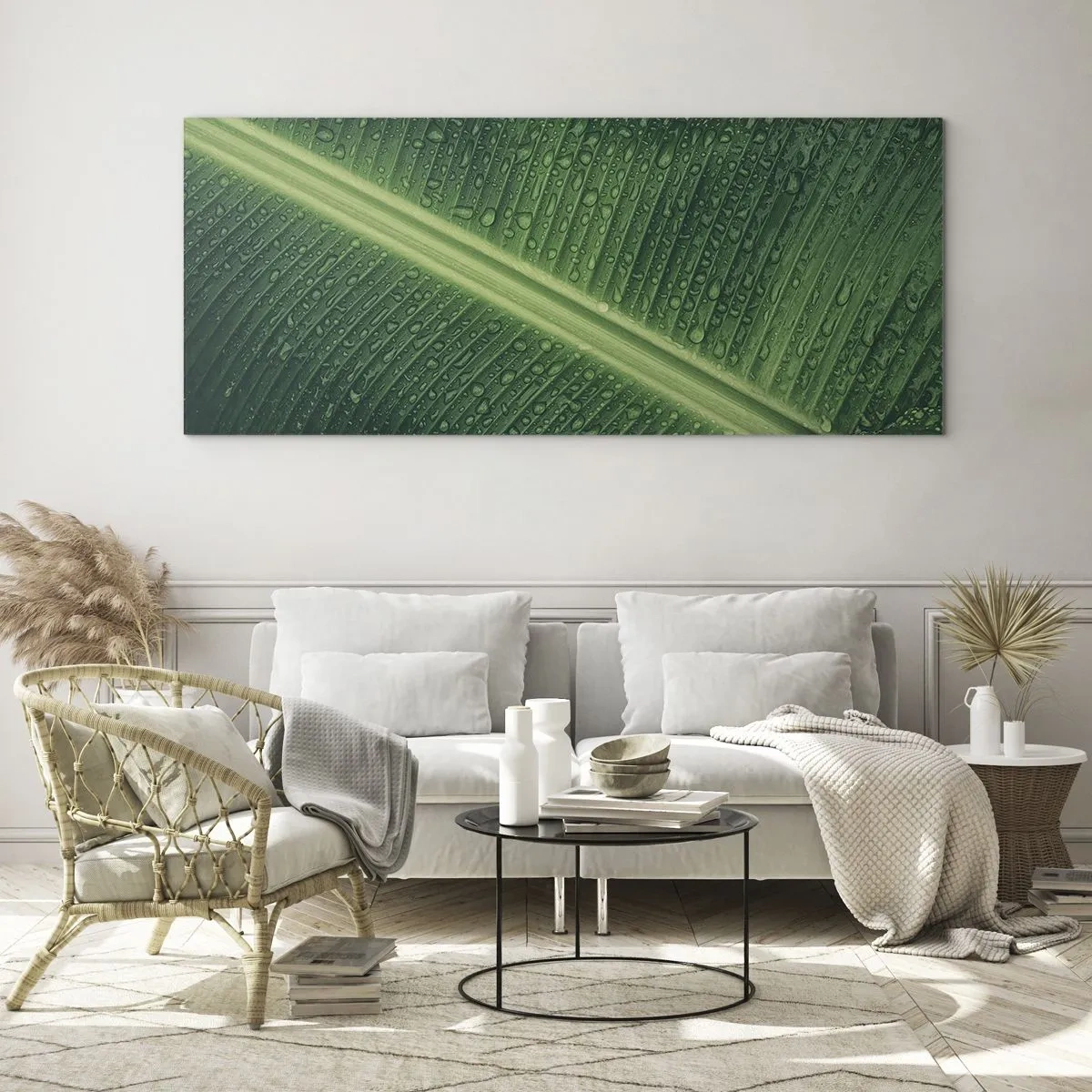 Impression sur verre - Image sur verre - Une feuille verte avec des gouttes d'eau à sa surface - 120x50cm - Structure de vert - Décoration murale moderne pour le salon et la chambre ARTTOR