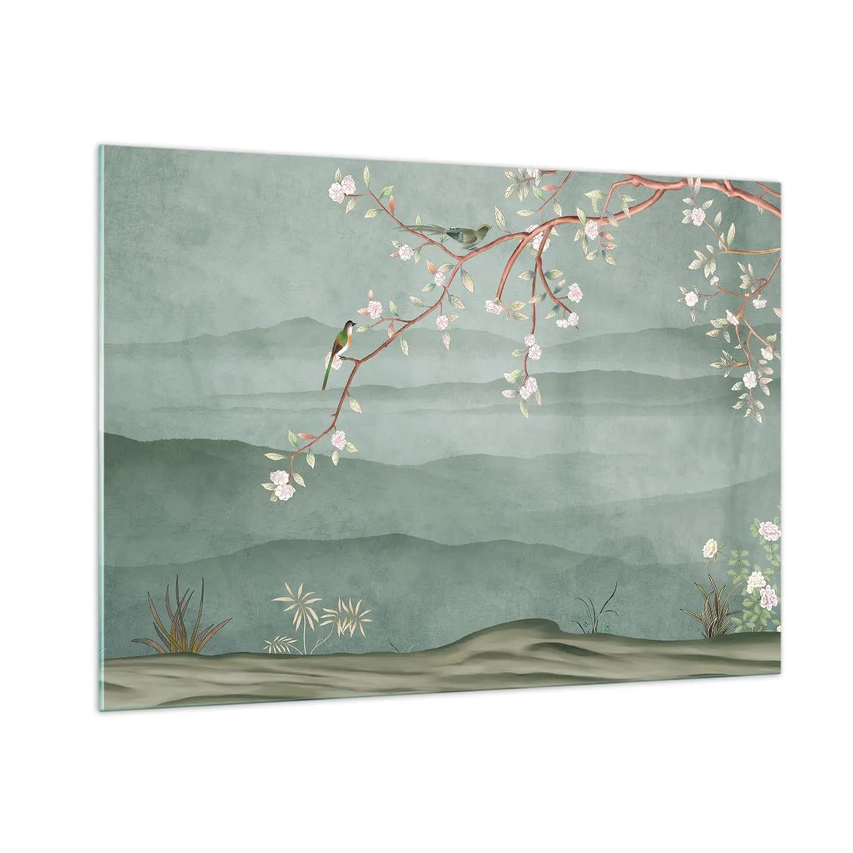 Impression sur verre - Image sur verre - Une branche avec des fleurs et des oiseaux sur un fond de collines verdoyantes - 100x70cm - Printemps oh c'est toi - Décoration murale moderne pour le salon et la chambre ARTTOR