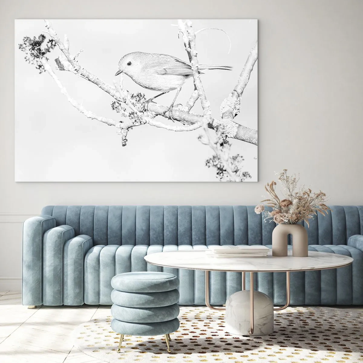 Impression sur verre - Image sur verre - Un oiseau perché sur une branche dans une scène hivernale monochrome. - 120x80cm - Matin d'hiver - Décoration murale moderne pour le salon et la chambre ARTTOR