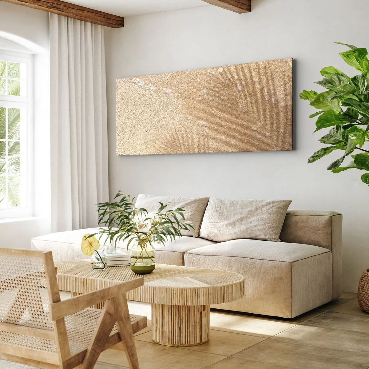 Impression sur toile - Image sur toile - L'ombre d'un palmier sur le sable avec un délicat motif de vagues - 160x50cm - Ombre d'un été chaud - Décoration murale moderne pour le salon et la chambre ARTTOR