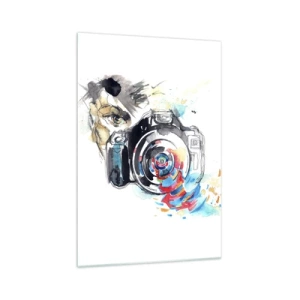 Impression sur verre - Image sur verre - Appareil photo aquarelle avec des détails colorés - 70x100cm - Dans l'oeil de l'objectif - Décoration murale moderne pour le salon et la chambre ARTTOR