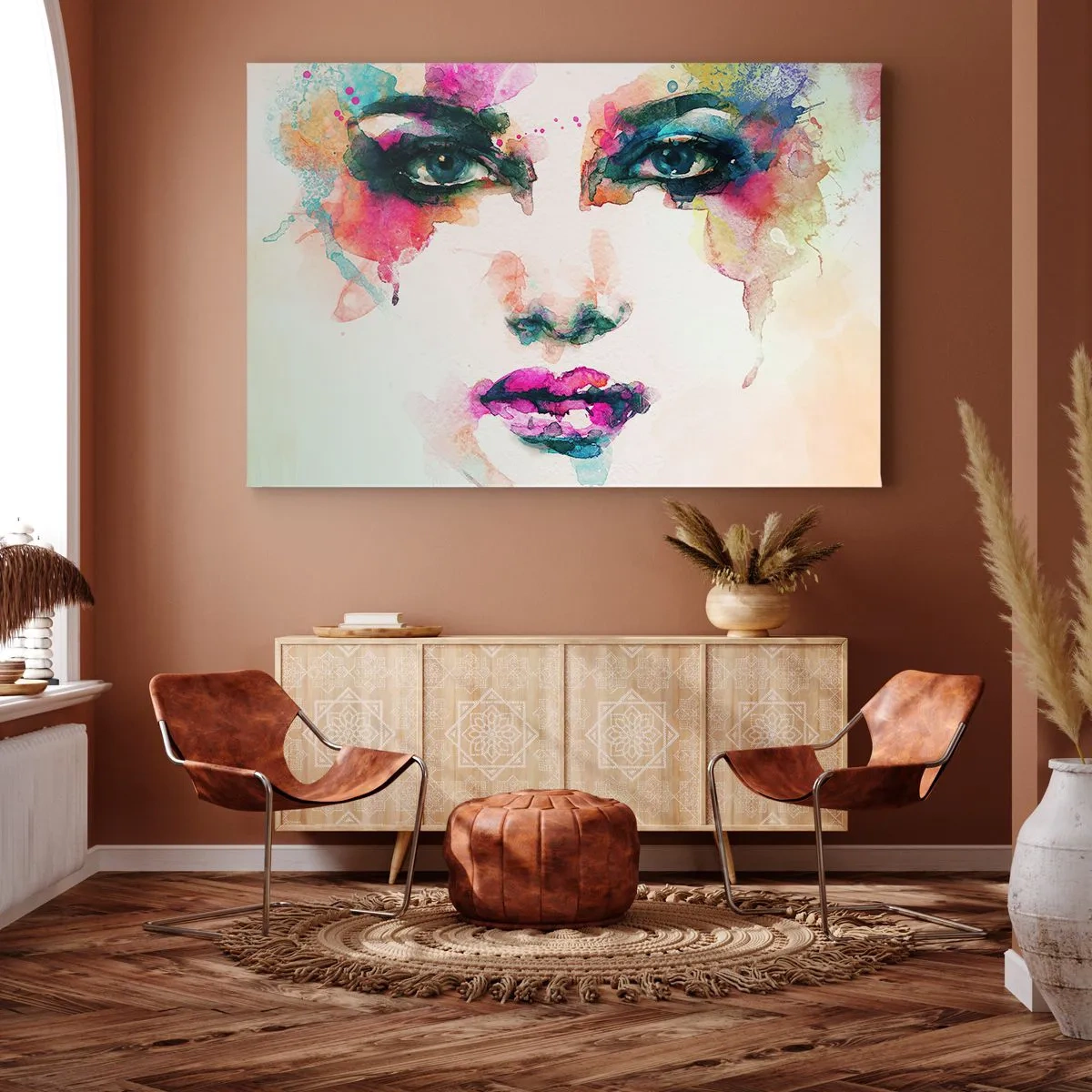Impression sur toile - Image sur toile - Portrait abstrait d'une femme aux couleurs intenses - 120x80cm - Un portrait peint avec un arc-en-ciel - Décoration murale moderne pour le salon et la chambre ARTTOR