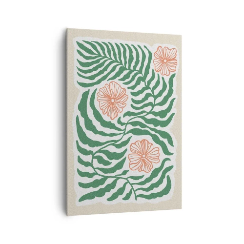 Impression sur toile - Image sur toile - Un motif minimaliste de feuilles vertes avec des fleurs dans des tons orange. - 70x100cm - Fleurit en vert - Décoration murale moderne pour le salon et la chambre ARTTOR