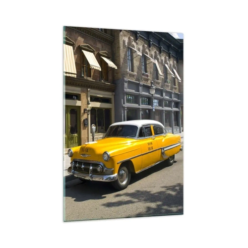 Impression sur verre - Image sur verre - Un taxi jaune dans une rue bordée d'immeubles - 80x120cm - Il y a longtemps en Amérique - Décoration murale moderne pour le salon et la chambre ARTTOR