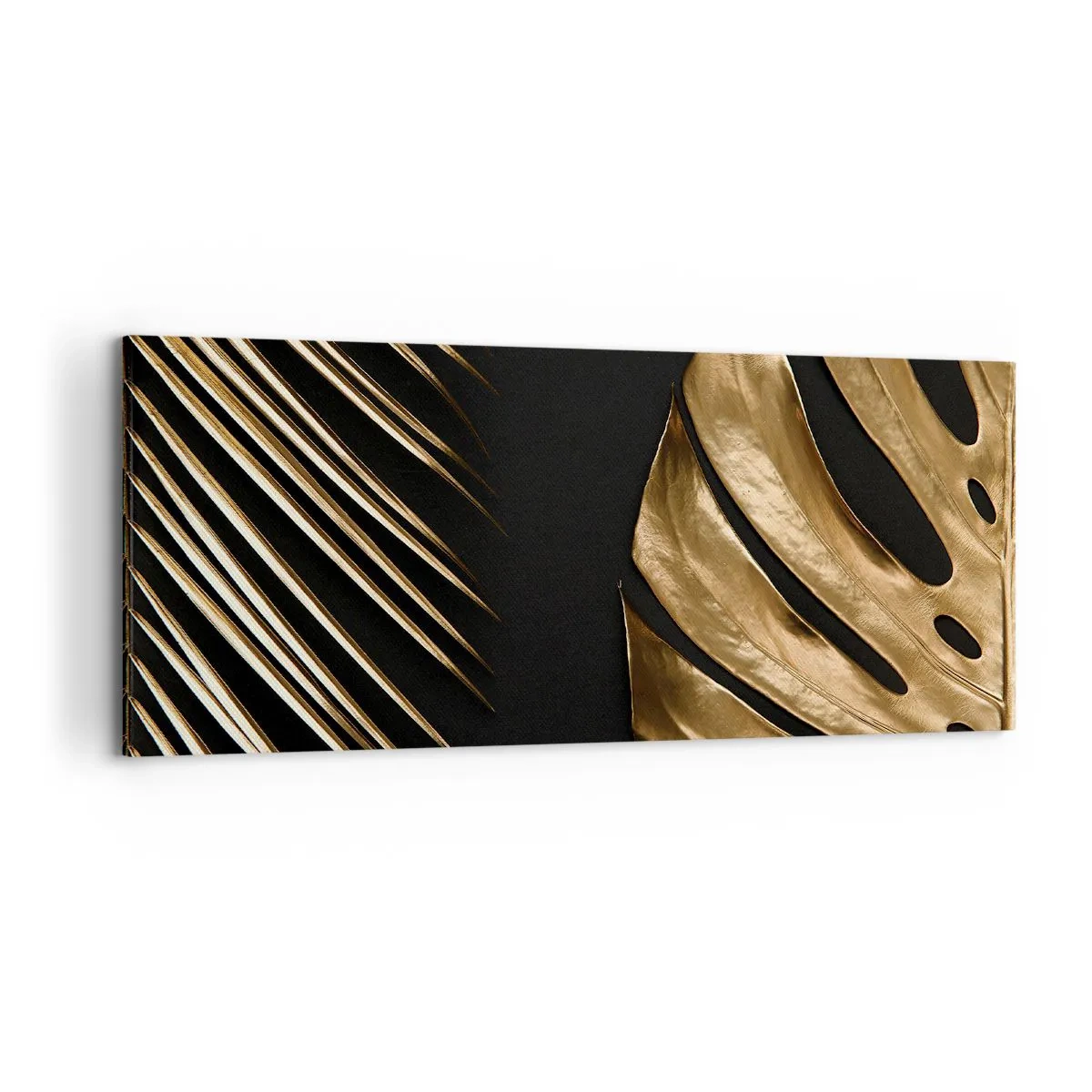 Impression sur toile - Image sur toile - Feuilles dorées sur fond noir - 120x50cm - Différent et tout aussi cher - Décoration murale moderne pour le salon et la chambre ARTTOR