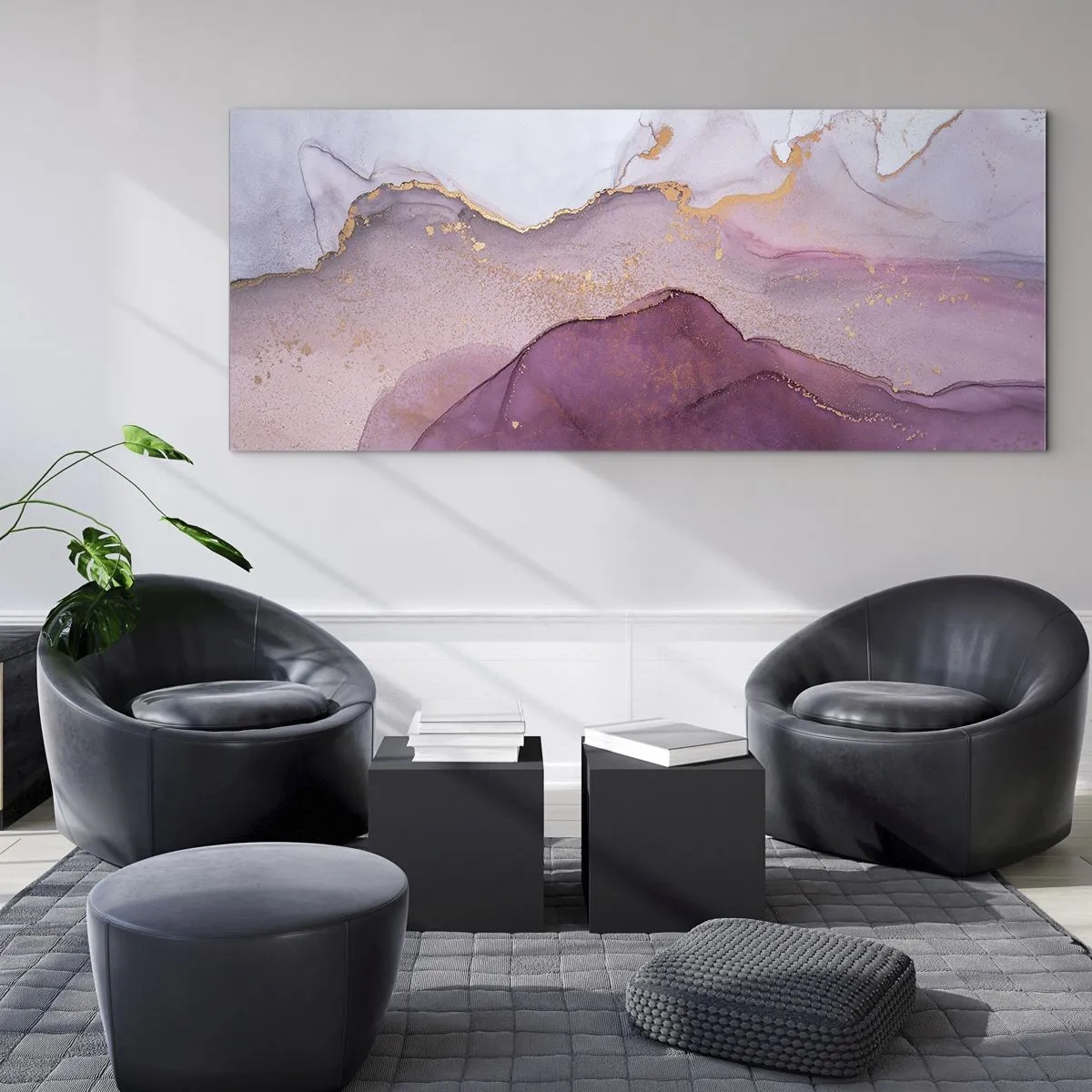 Impression sur verre - Image sur verre - Une composition abstraite dans des tons de violet et d'or. - 140x50cm - Vagues lilas et violettes - Décoration murale moderne pour le salon et la chambre ARTTOR