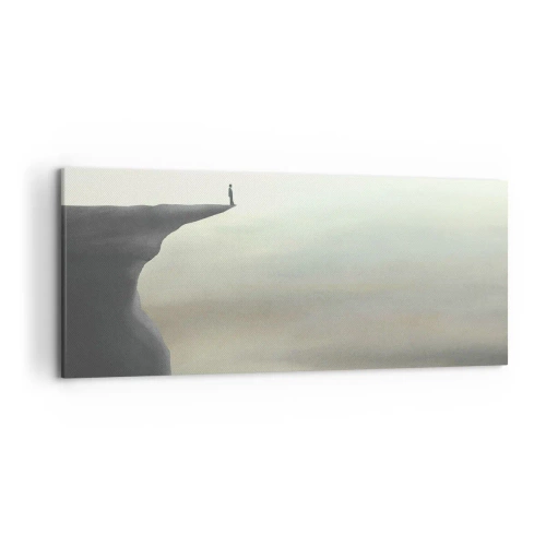 Impression sur toile - Image sur toile - Silhouette d'une figure au bord d'une falaise dans un paysage brumeux - 120x50cm - Tout en haut, bien entendu! - Décoration murale moderne pour le salon et la chambre ARTTOR