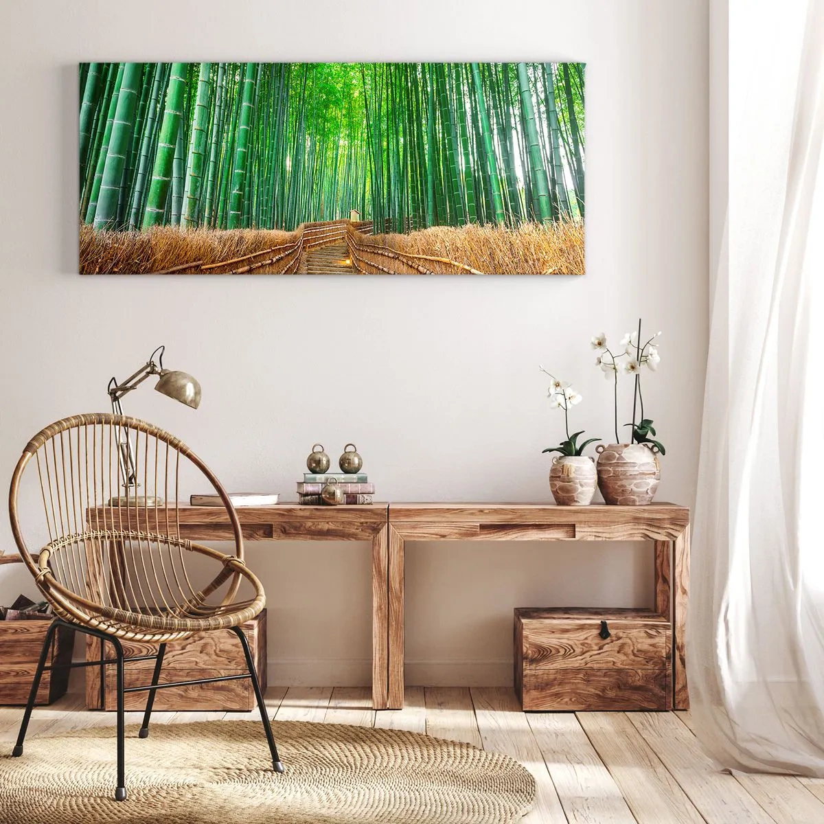 Impression sur toile - Image sur toile - Un chemin dans une dense forêt de bambous - 160x50cm - L'essence de la nature asiatique - Décoration murale moderne pour le salon et la chambre ARTTOR