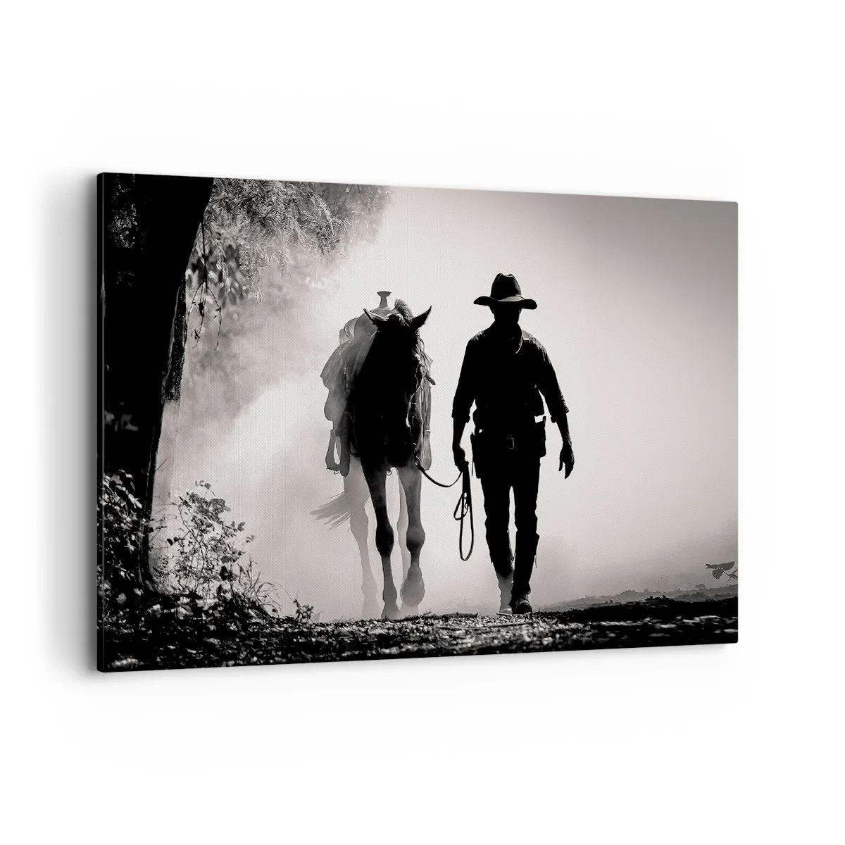 Impression sur toile - Image sur toile - Cowboy avec cheval dans le brouillard matinal - 120x80cm - Matinée texane - Décoration murale moderne pour le salon et la chambre ARTTOR