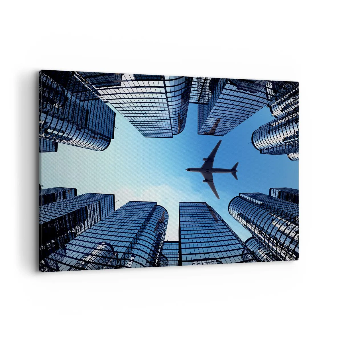 Impression sur toile - Image sur toile - Un avion survolant des gratte-ciels modernes dans le centre-ville. - 100x70cm - La vue depuis le ravin de verre - Décoration murale moderne pour le salon et la chambre ARTTOR