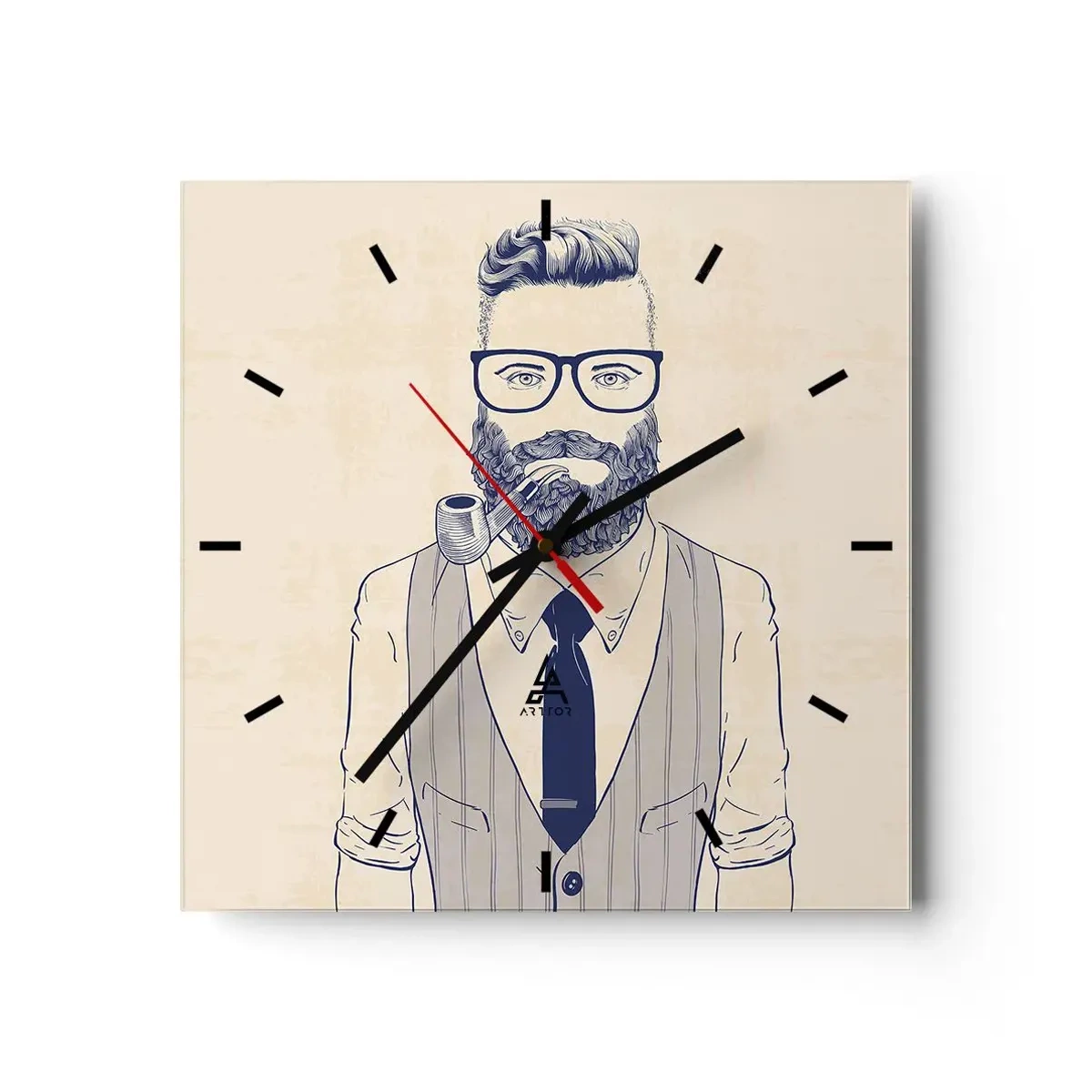Horloge murale - Pendule murale - Homme stylisé avec une barbe, une pipe et des lunettes - 30x30cm - Gai, masculin et à la mode - Décoration murale moderne pour le salon et la chambre ARTTOR