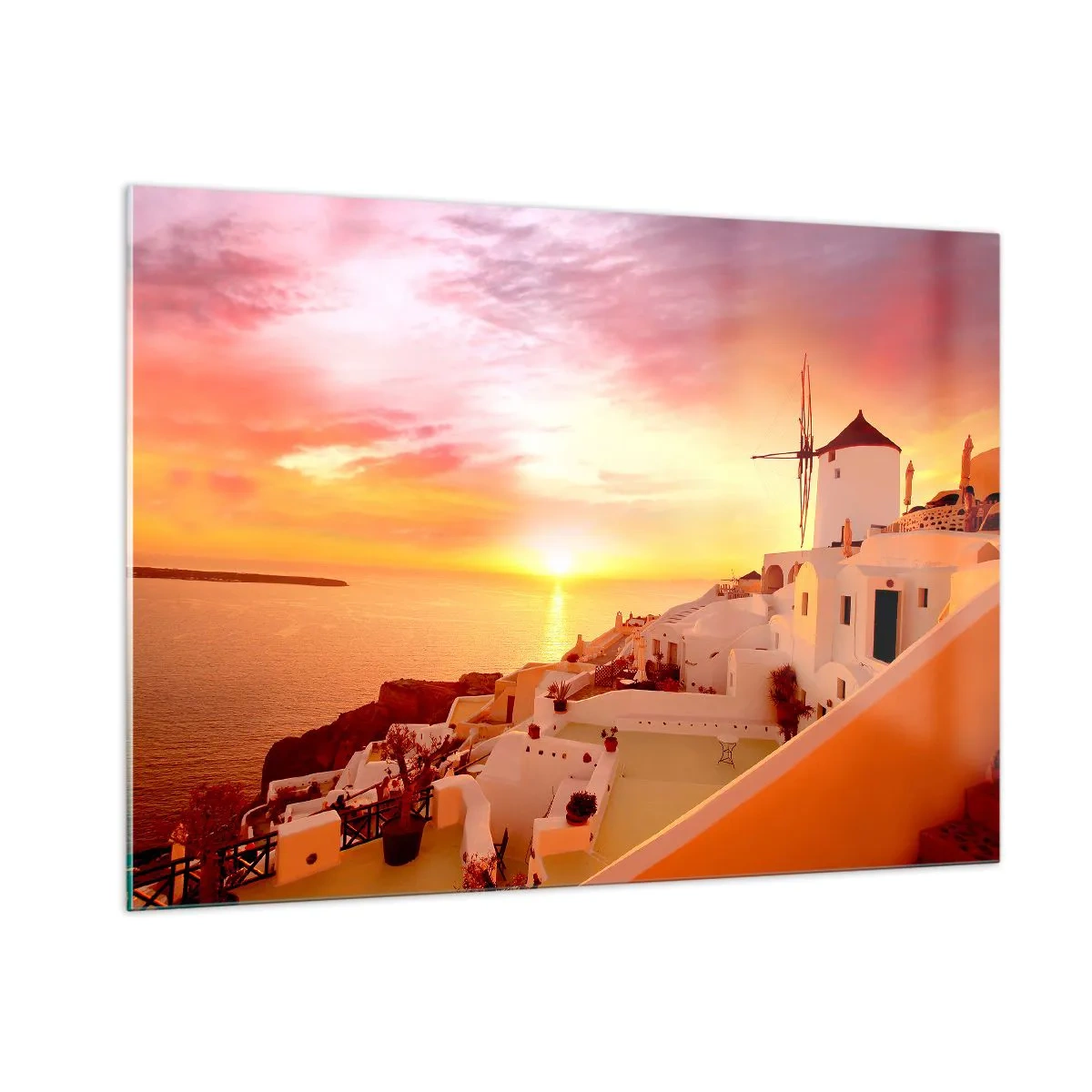 Impression sur verre - Image sur verre - Coucher de soleil sur Santorin avec des bâtiments blancs et un moulin à vent - 100x70cm - Fondre en blanc et or - Décoration murale moderne pour le salon et la chambre ARTTOR
