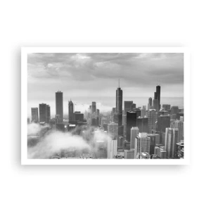 Affiche - Poster - Panorama de la ville avec des gratte-ciels dans les nuages en noir et blanc - 100x70cm - Paysage américain - Décoration murale moderne pour le salon et la chambre ARTTOR
