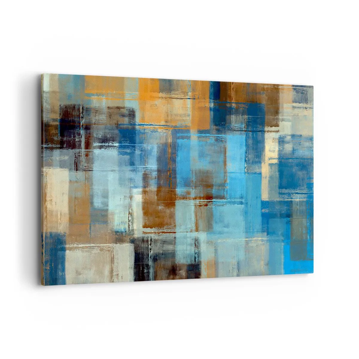 Impression sur toile - Image sur toile - Composition géométrique abstraite dans les tons de bleu et de marron - 100x70cm - A travers le voile bleu - Décoration murale moderne pour le salon et la chambre ARTTOR